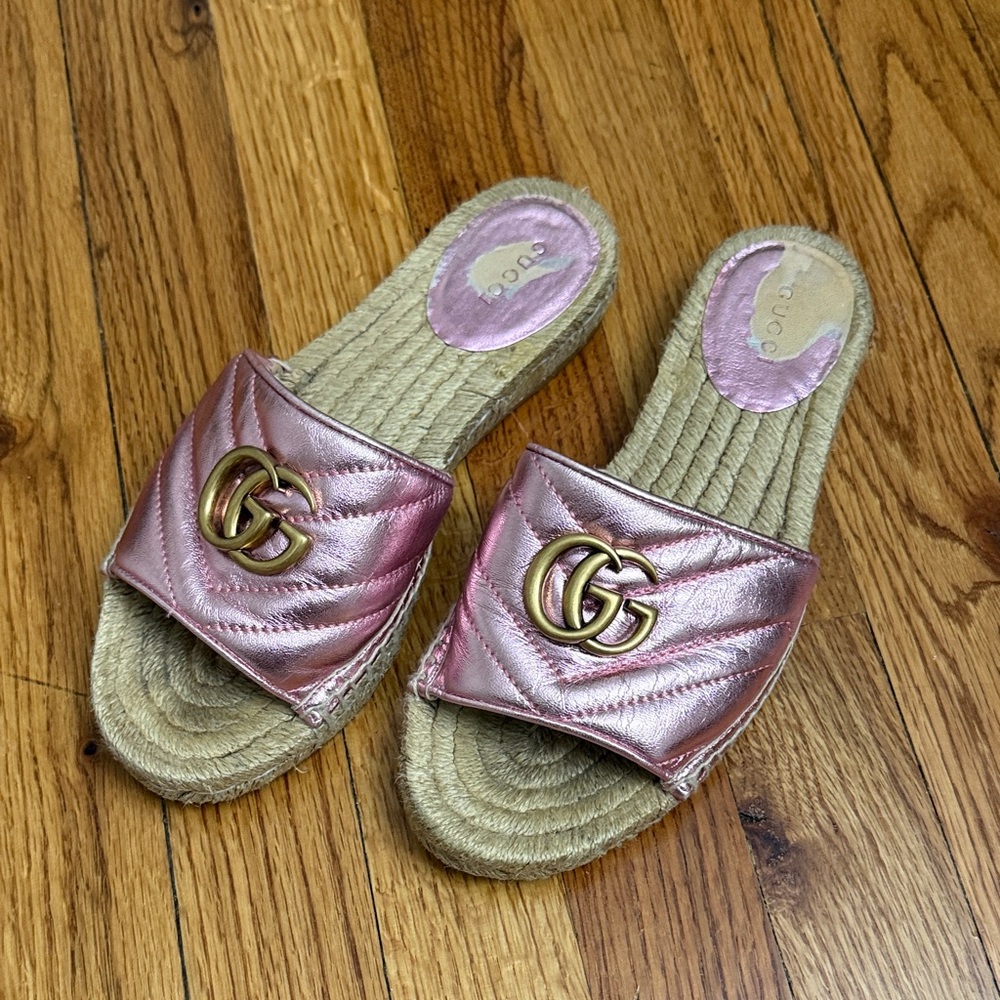 Gucci Metallic Pink Espadrille Slides